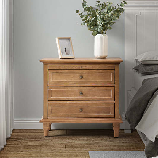 Galatea Farmhouse 3-Drawer Bedside Table with Shelf &amp; Charging Port