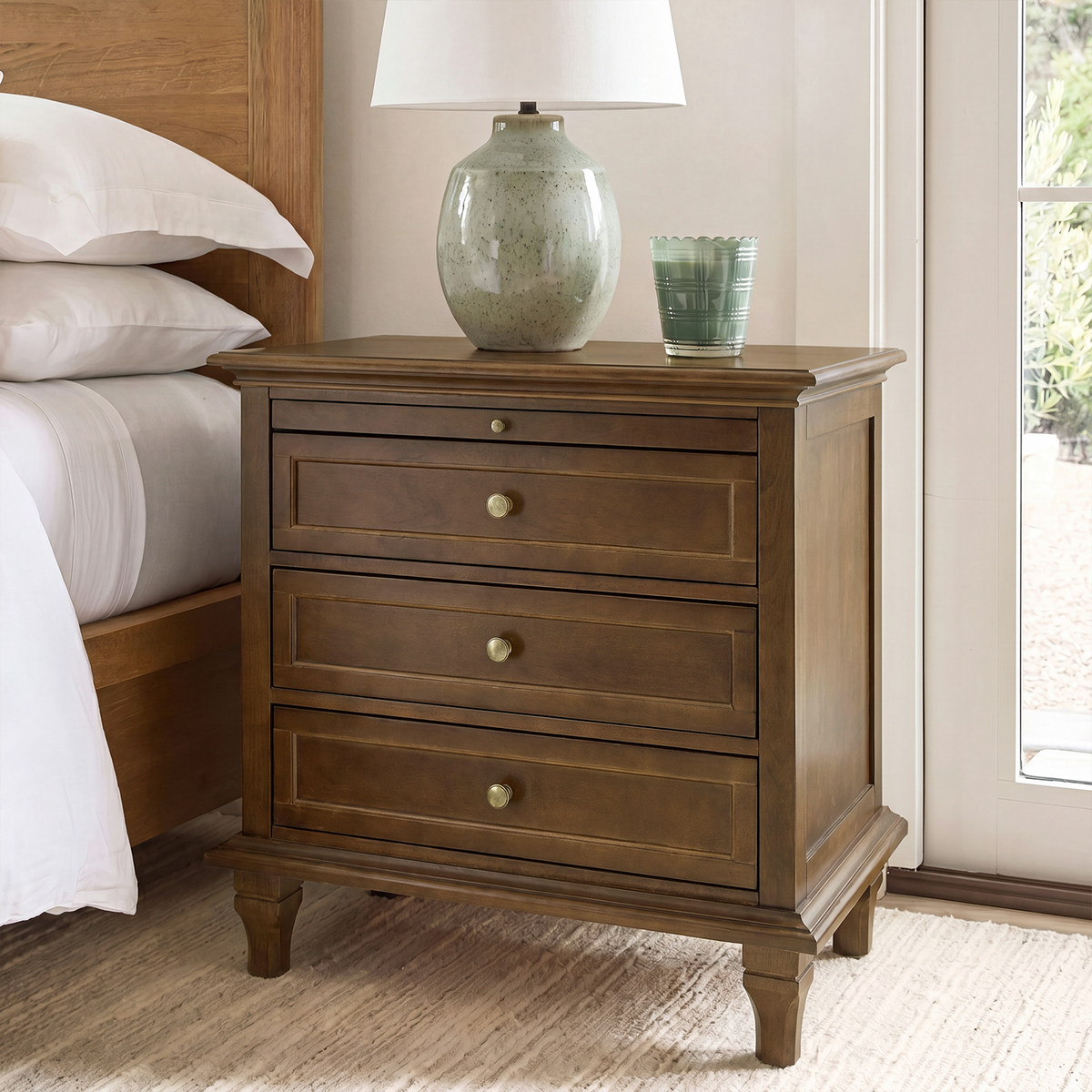 Galatea Farmhouse 3-Drawer Bedside Table with Shelf & Charging Port