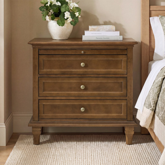 Galatea Farmhouse 3-Drawer Bedside Table with Shelf &amp; Charging Port