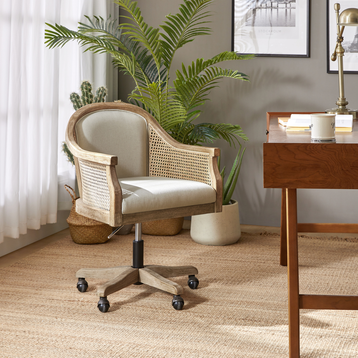 Audrey Rattan Task Chair �C Swivel Base & Curved Seat Design - HULALA HOME