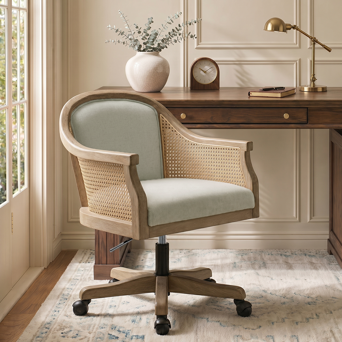 Audrey Rattan Task Chair Swivel Base & Curved Seat Design - HULALA HOME