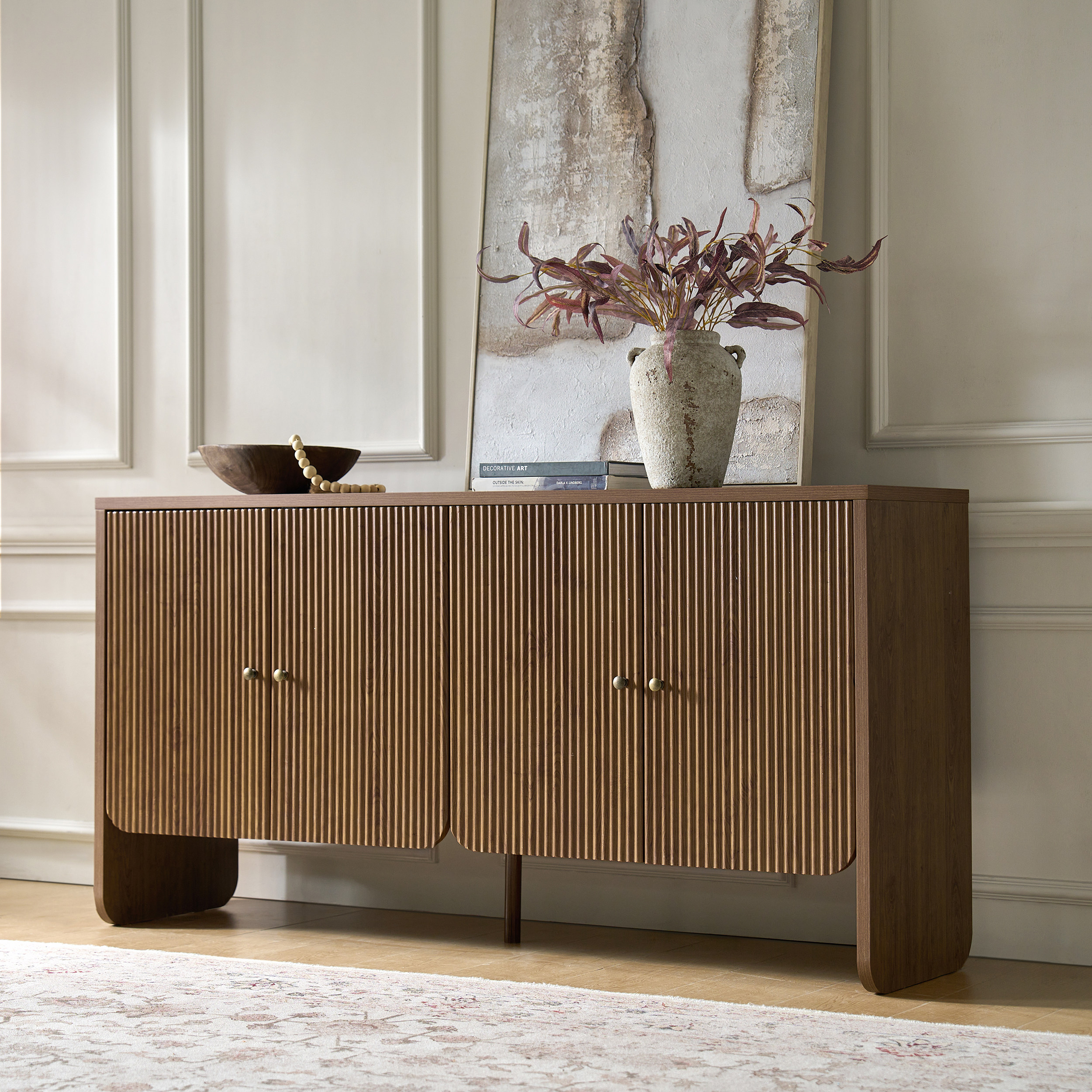 Paula 4-Door Buffet Sideboard with Fluted Doors, Adjustable Shelves & Cable Management