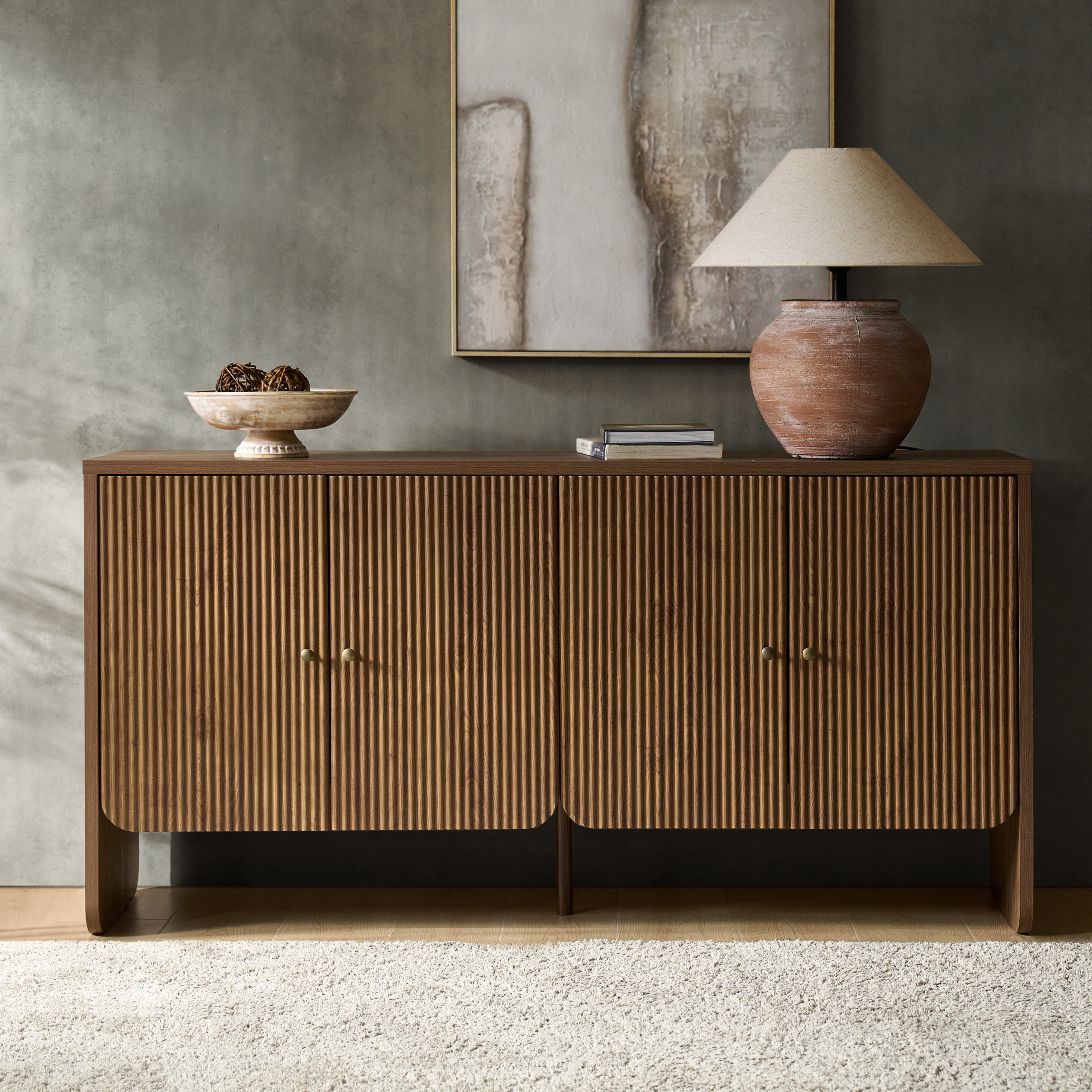 Paula 4-Door Buffet Sideboard with Fluted Doors, Adjustable Shelves & Cable Management