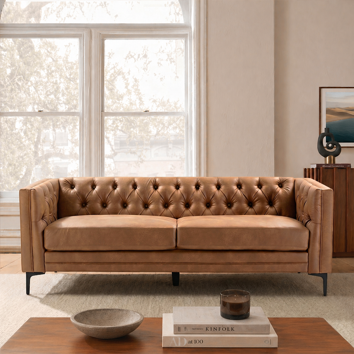 Capsa Mid-Century Modern Tufted Vegan Leather Sofa