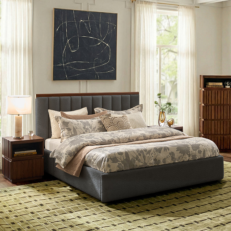Modory Upholstered Bed Frame with Modular Headboard & Side Storage