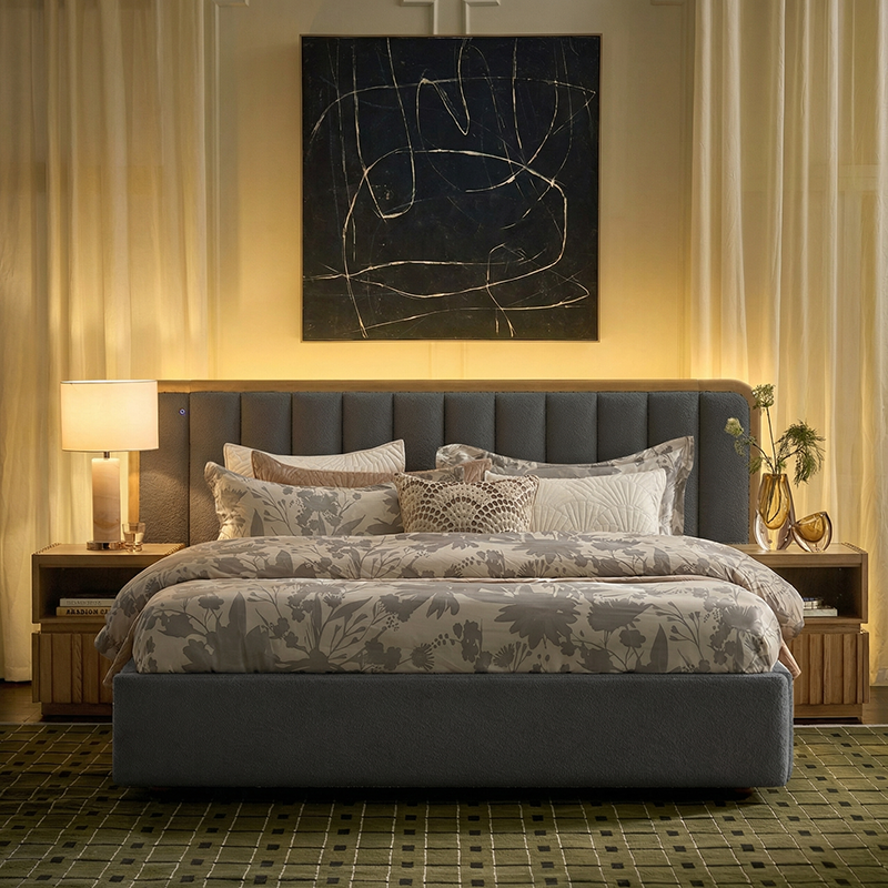 Modory Upholstered Bed Frame with Modular Headboard & Side Storage