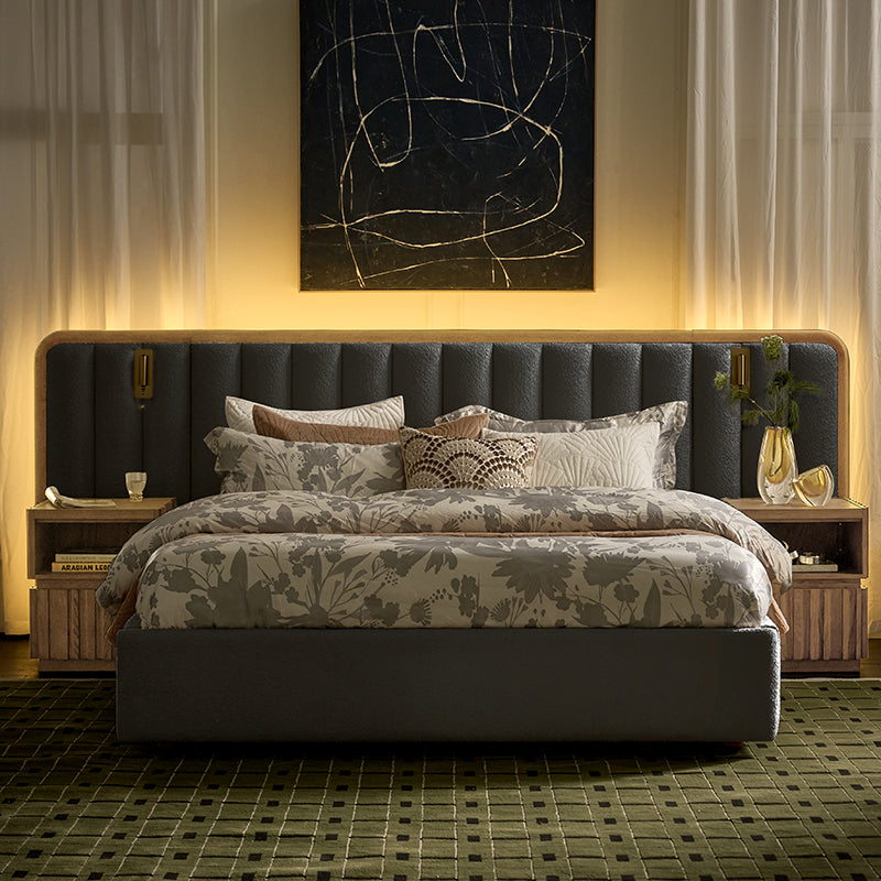 Modory Upholstered Bed Frame with Modular Headboard & Side Storage