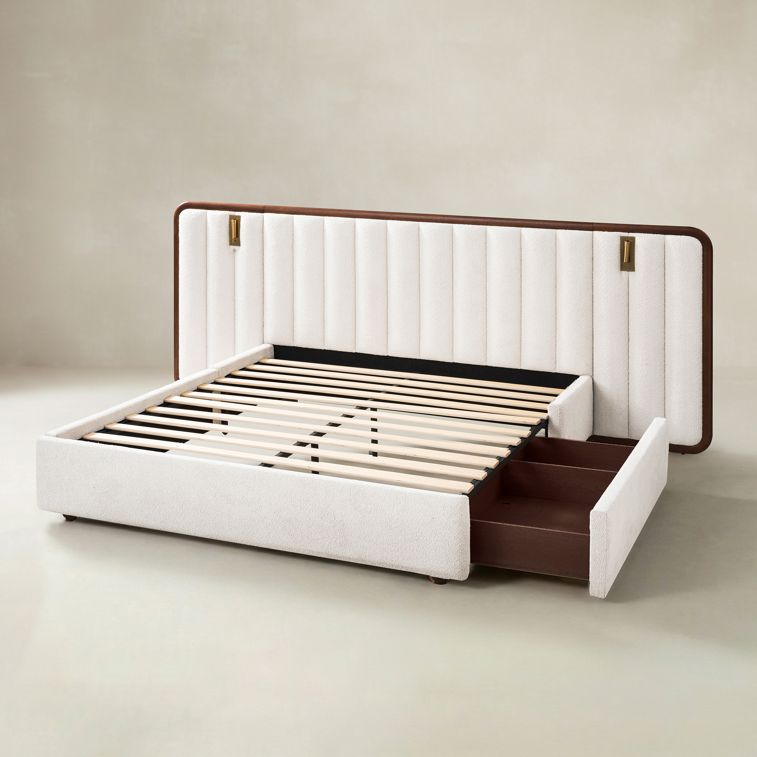 Stylish modular bed in a UK bedroom with customisable storage and headboard options