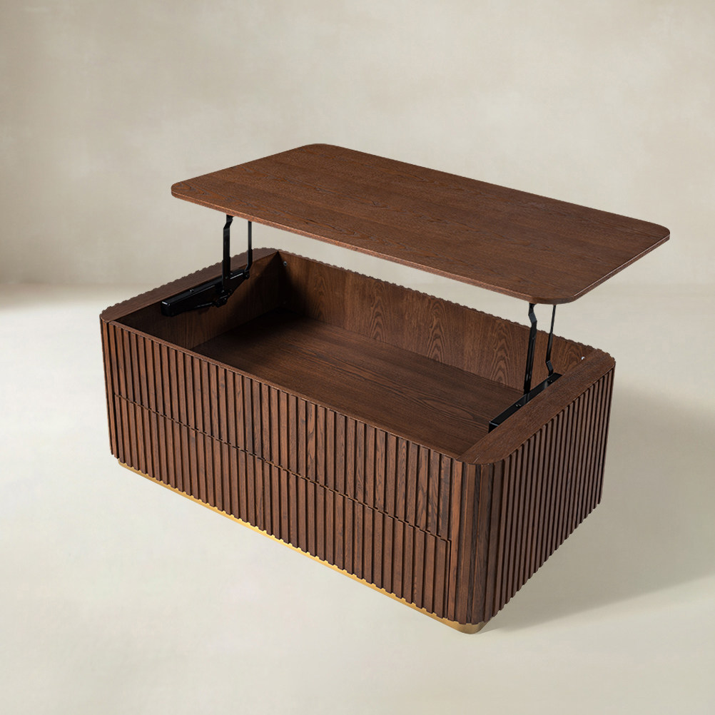 Multifunctional Slatted Design Lift-Top Coffee Table with Hidden Storage and Drawers