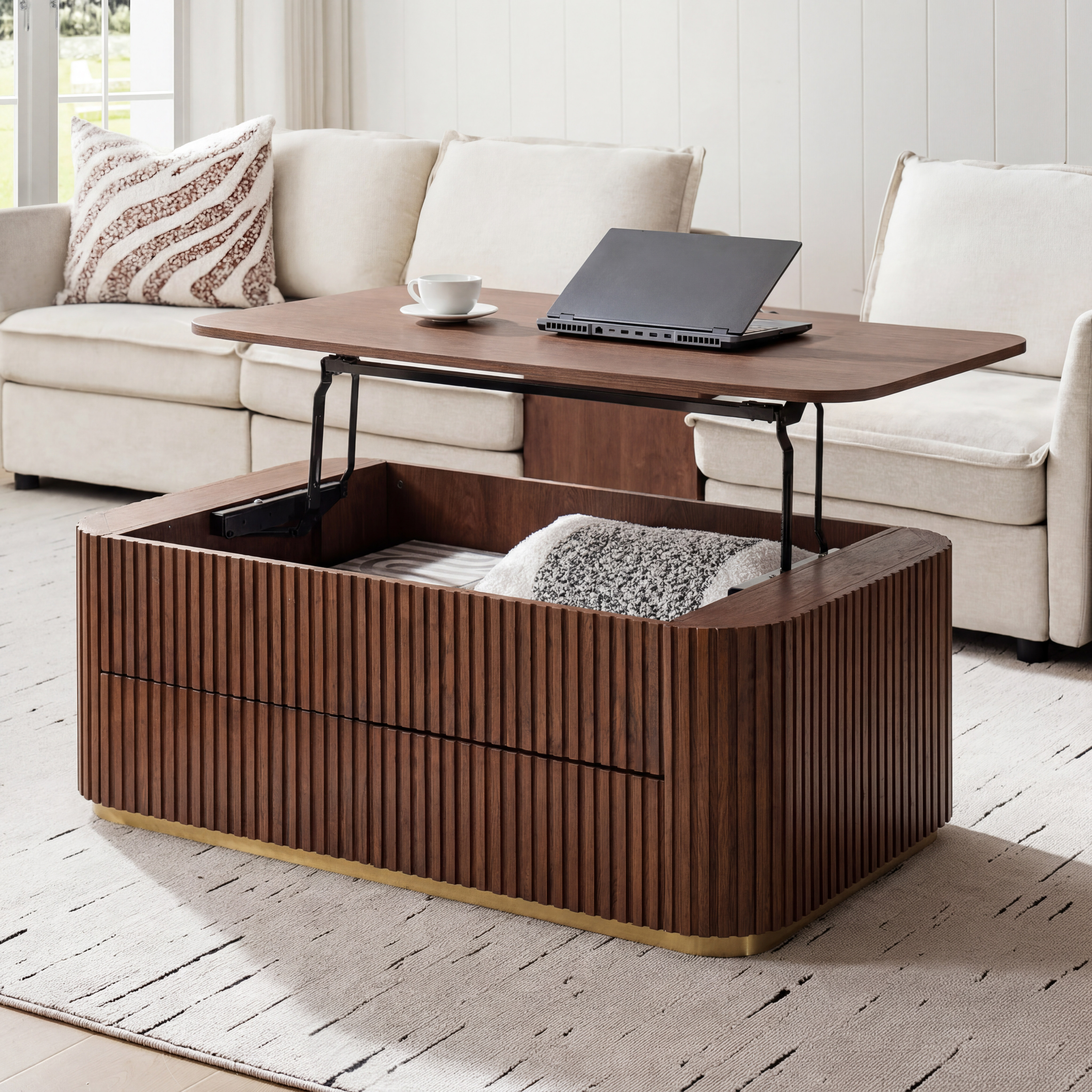 Multifunctional Slatted Design Lift-Top Coffee Table with Hidden Storage and Drawers