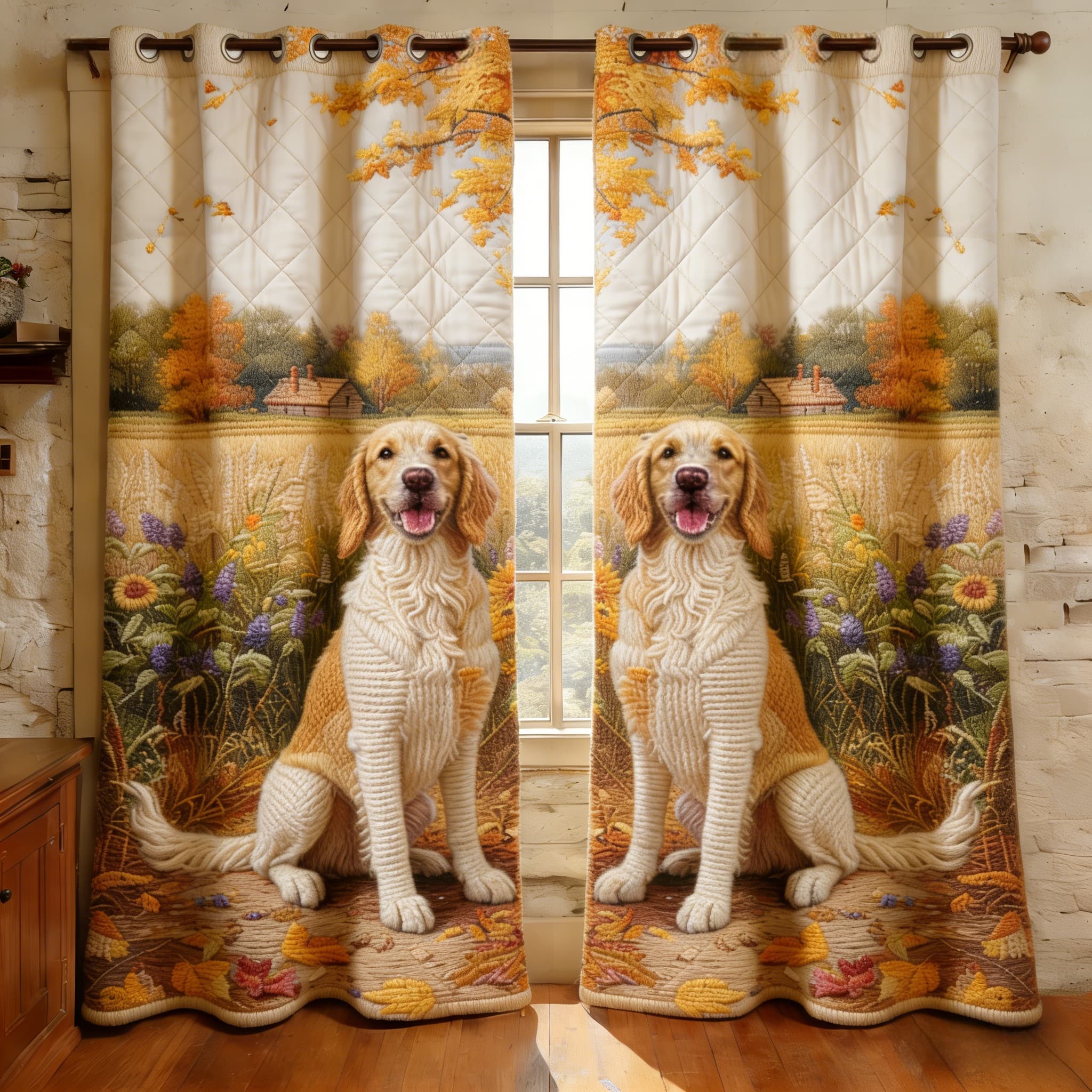 Autumn Retriever & Countryside Landscape Embroidered Knitwear Quilted Curtains