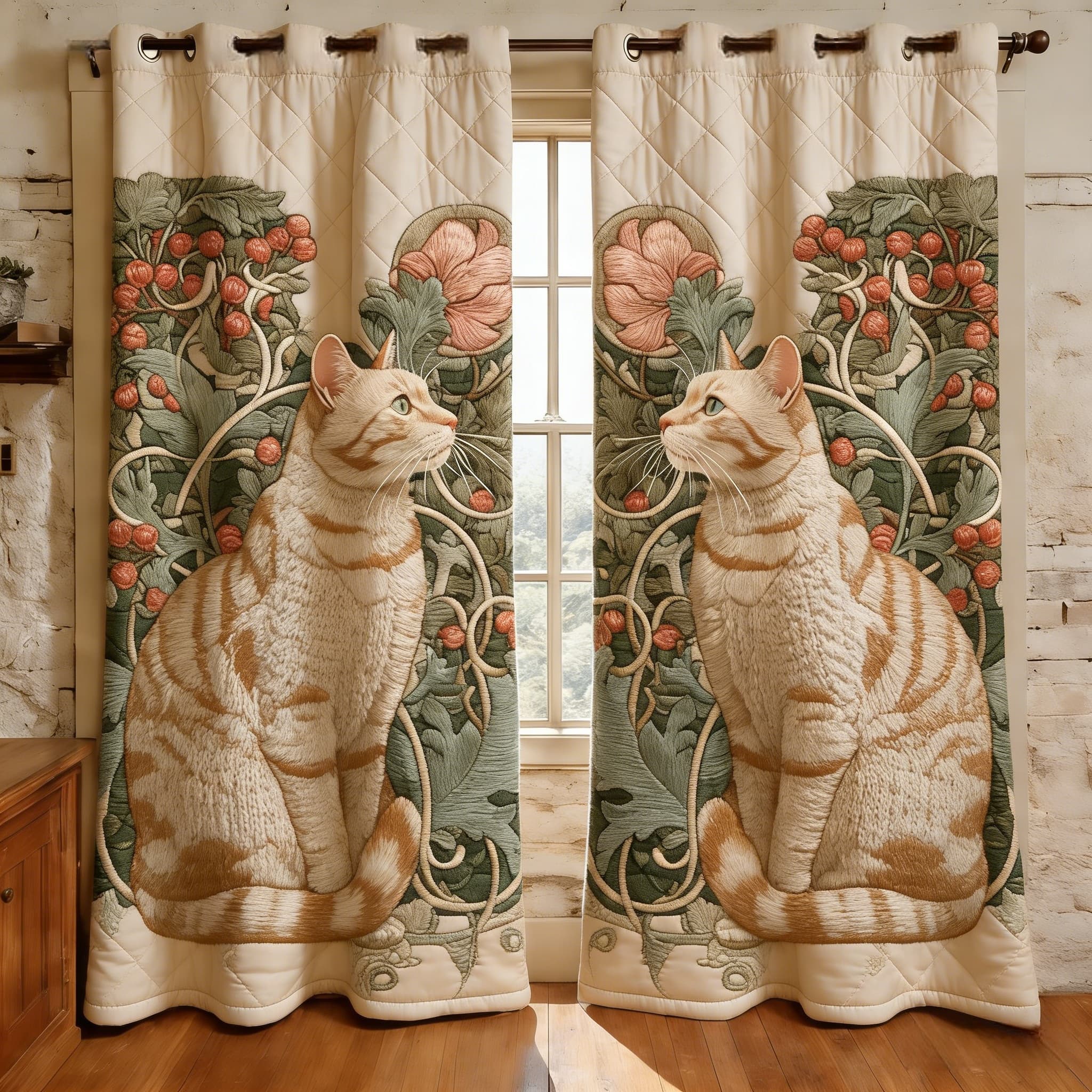 William Morris Style Cat & Strawberry Vine Embroidered Knitwear Quilted Curtains
