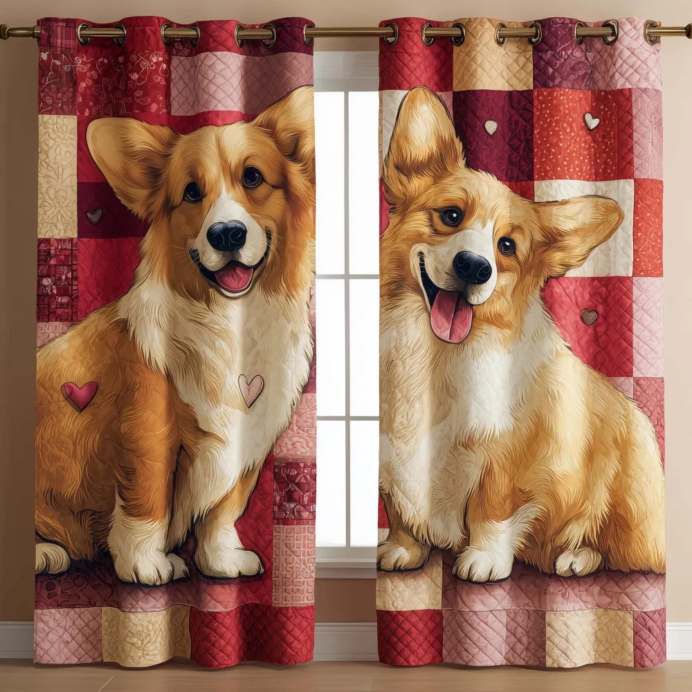 Cute Corgi & Patchwork Heart Embroidered Knitwear Quilted Curtains