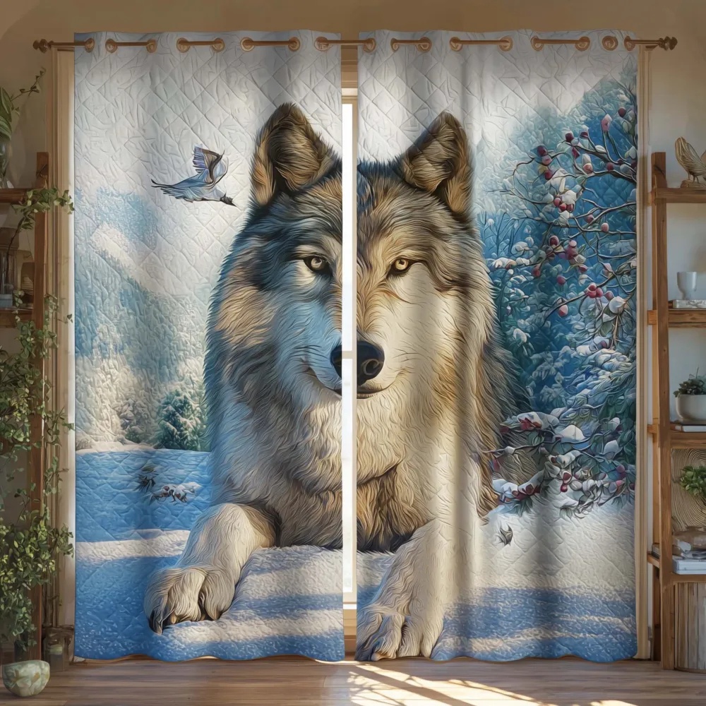 Winter Wolf & Snowy Forest Embroidered Knitwear Quilted Curtains