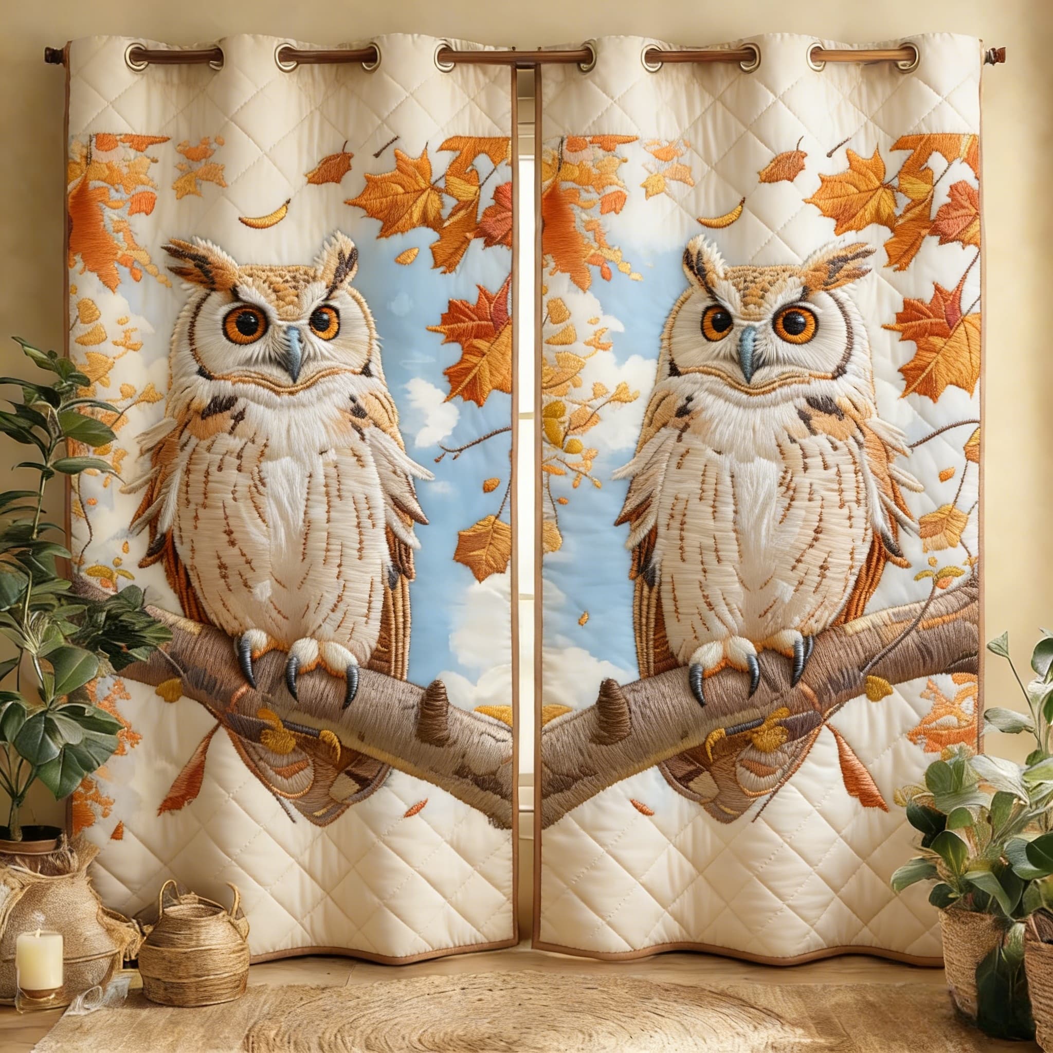 Autumn Owl & Maple Leaf Embroidered Knitwear Quilted Curtains