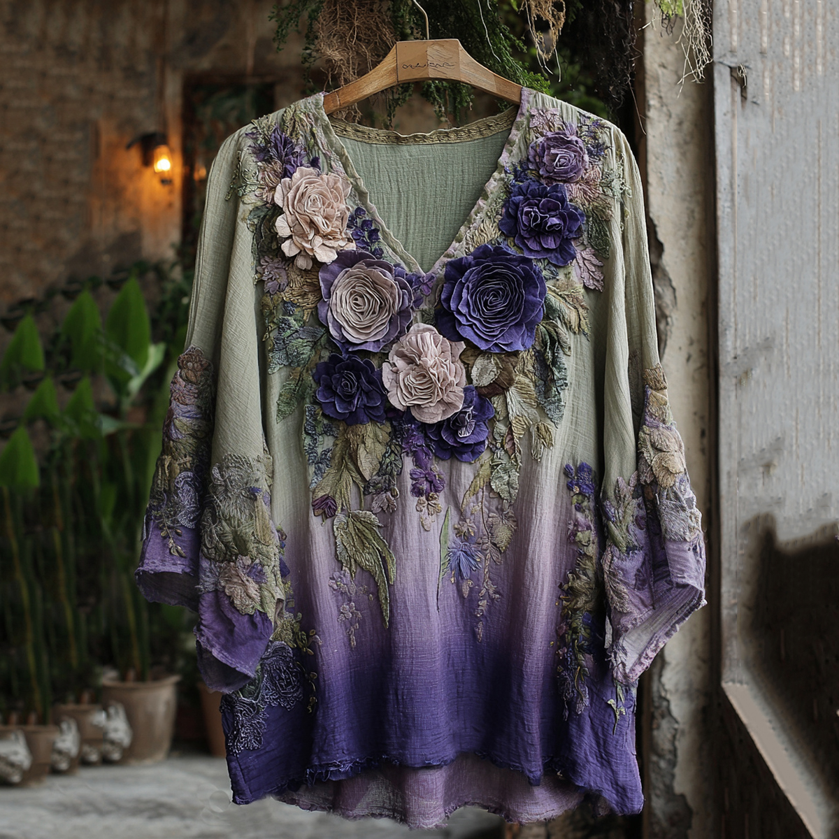 Vintage Classic Purple Lavender And Floral Embroidered Linen V Neck Shirt