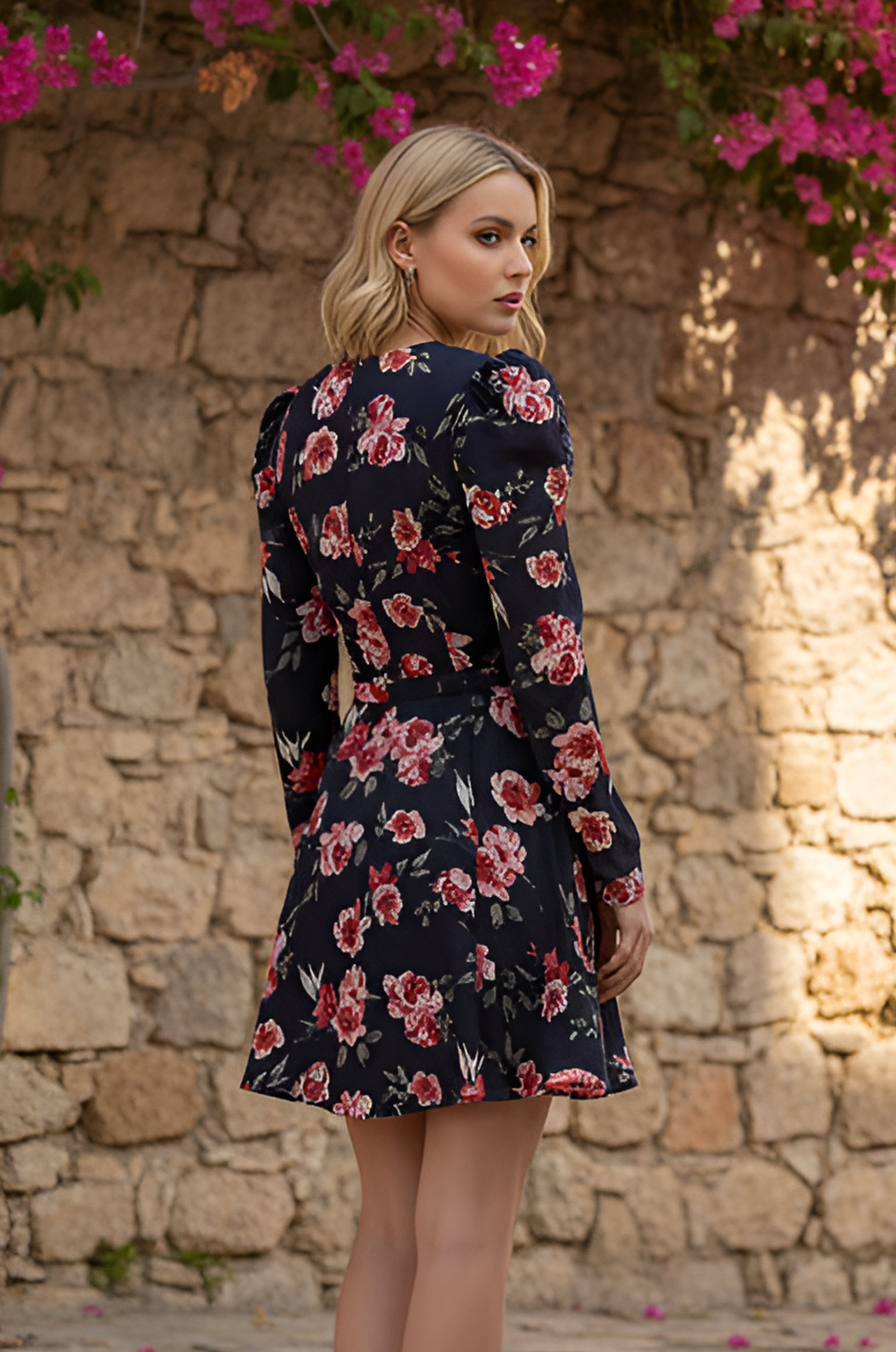 Long Sleeve Short Floral Semi-Formal Dress: Harper