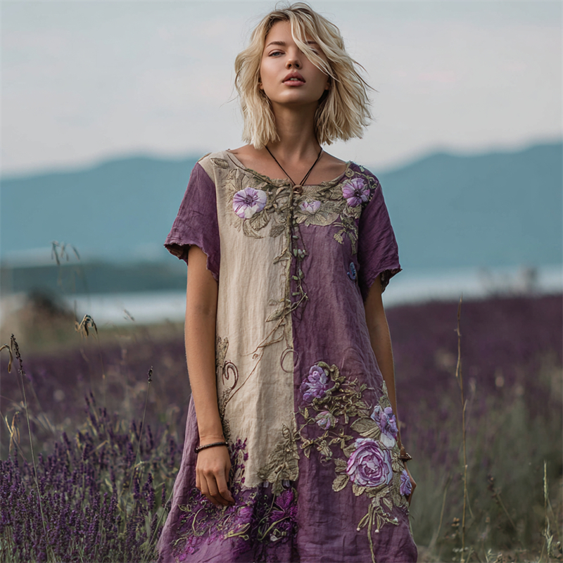 Vintage Lavender Roses Embroidered Patchwork Linen Dress