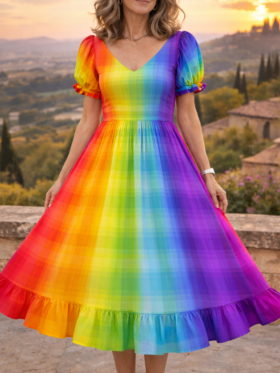 Rainbow Gradient Plaid Casual Dress