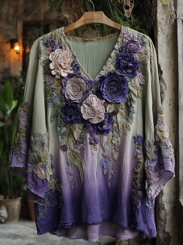 Vintage Classic Purple Lavender And Floral Embroidered Linen V Neck Shirt