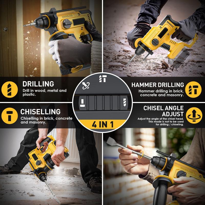 Taladro percutor inalámbrico compatible con baterías Dewalt de 20 V (batería no incluida), taladro percutor SDS-Plus sin escobillas con embrague de seguridad para hormigón/mampostería, 1500 RPM, 4 modos con empuñadura auxiliar giratoria de 360°, incluye 4