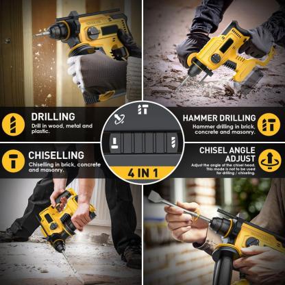 Taladro percutor inalámbrico compatible con baterías Dewalt de 20 V (batería no incluida), taladro percutor SDS-Plus sin escobillas con embrague de seguridad para hormigón/mampostería, 1500 RPM, 4 modos con empuñadura auxiliar giratoria de 360°, incluye 4