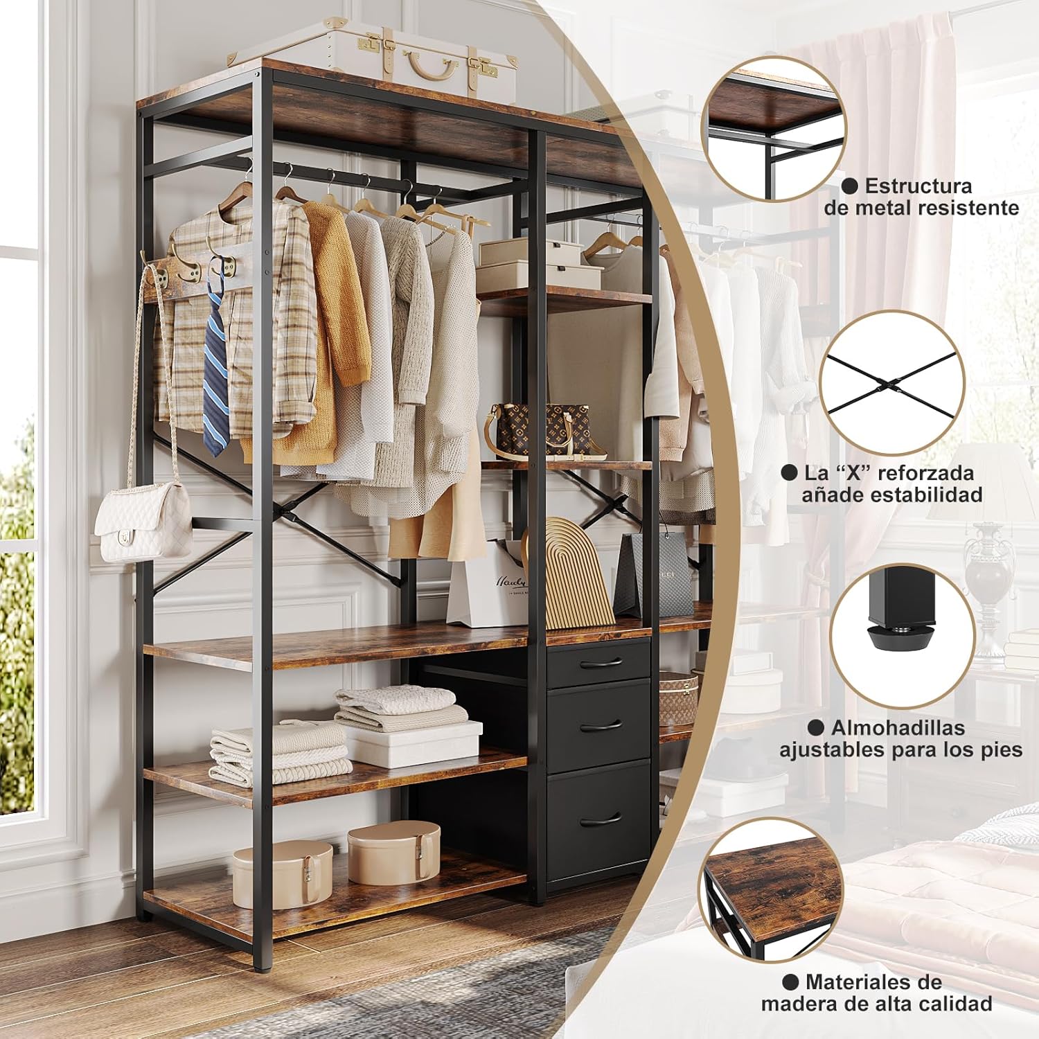 Simple Wisdom Closet Armables Para Ropa,Perchero Para Ropa Con 3 Cajones de Tela y Ganchos,Rack Para Ropa Con 8 Estantes Abiertos,Perchero Abierto Extra Grande,Closet Organizador de Ropa,183*200*40CM