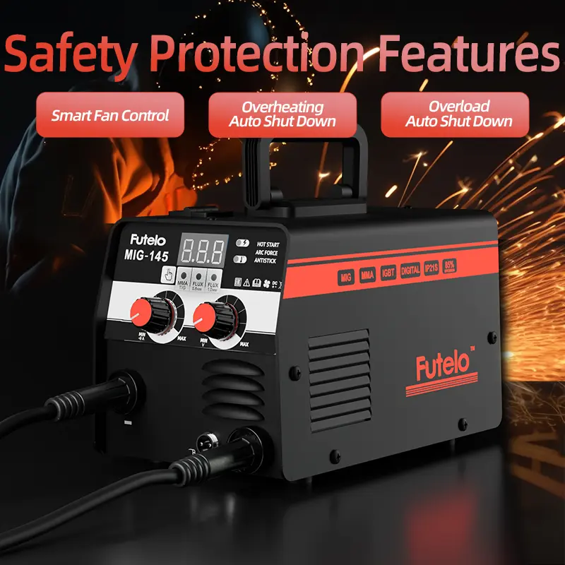 Soldadora MIG-145 de núcleo fundente, 145 A, 110 V, sin gas, MIG/Stick/Lift TIG, 3 en 1, portátil, con inversor IGBT y control sinérgico.