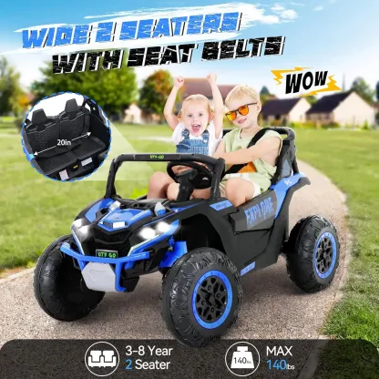 (EM-KC03) Coche eléctrico para niños de 2 plazas, UTV todoterreno 4WD, con batería de gran capacidad de 7 Ah, control remoto, cinturón de seguridad, bocina, música y luces — Para niños de 3 a 8 años (Azul)