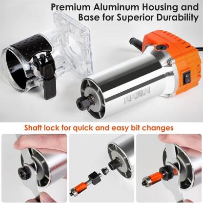 Fresadora compacta THINKWORK, 6.5 amperios, 1.25 HP, herramienta compacta para madera, 6 velocidades variables, con juego de 15 fresas de 1/4", guía de borde.