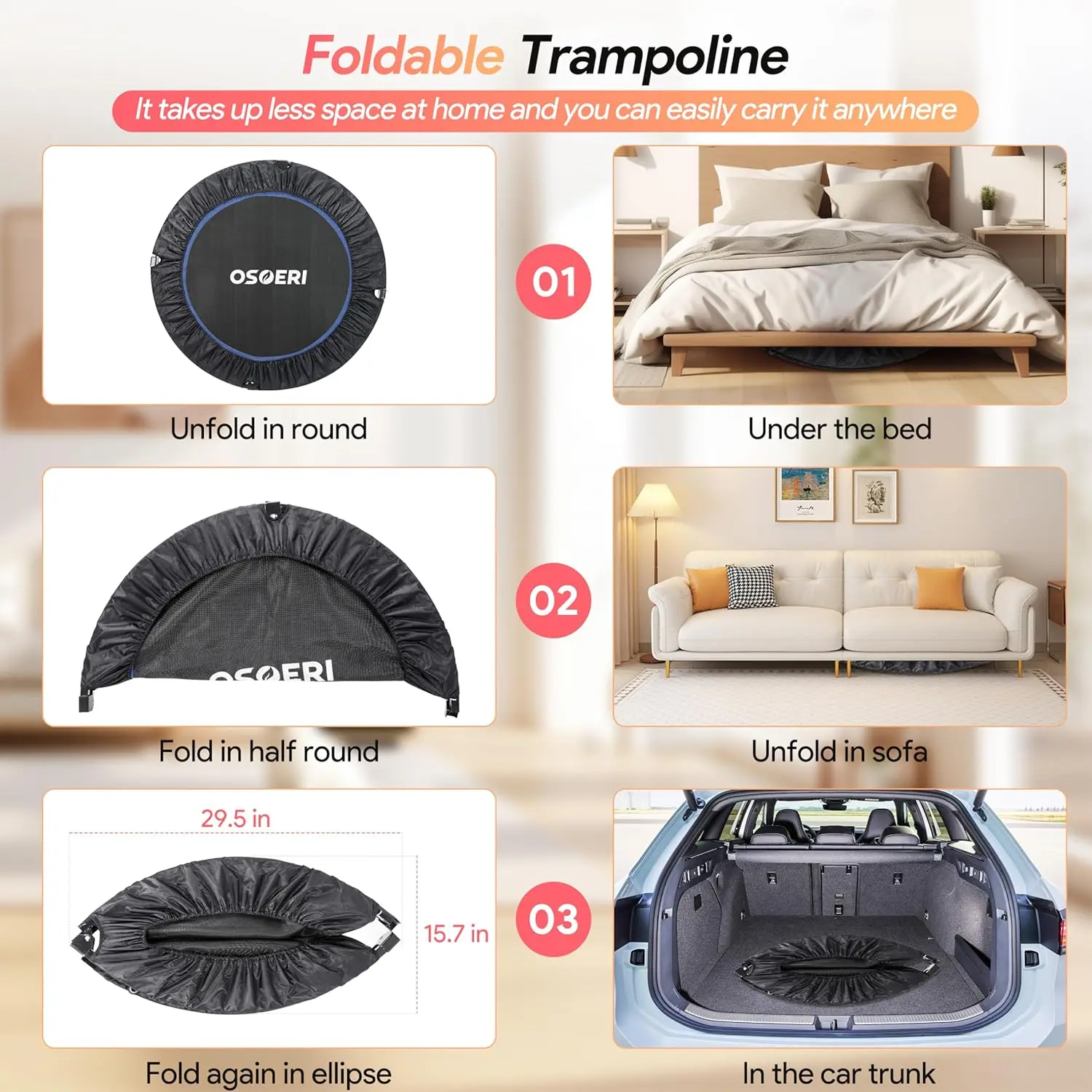 Trampolín plegable Osoeri de 122 cm para adultos, con capacidad máxima de 204 kg, minitrampolín con asa de espuma ajustable, ideal para entrenamiento en interiores y jardines.