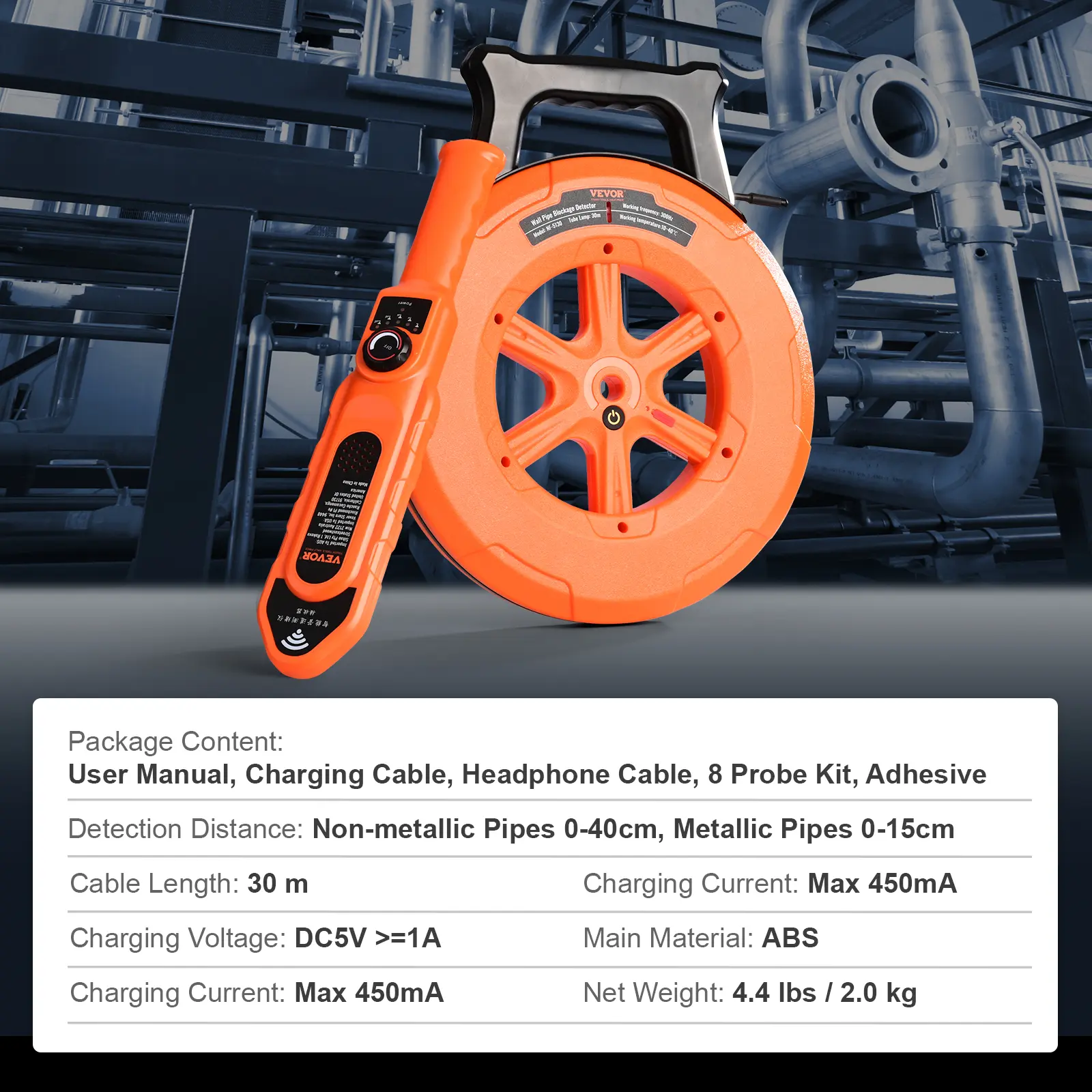 Localizador de tuberías de PVC de 30 m (100 pies) para tuberías subterráneas, detector de bloqueos de tuberías IP67 a prueba de agua con sensibilidad ajustable, escáner de pared de alcantarillado, herramienta de plomería para tuberías de agua de PVC, plás