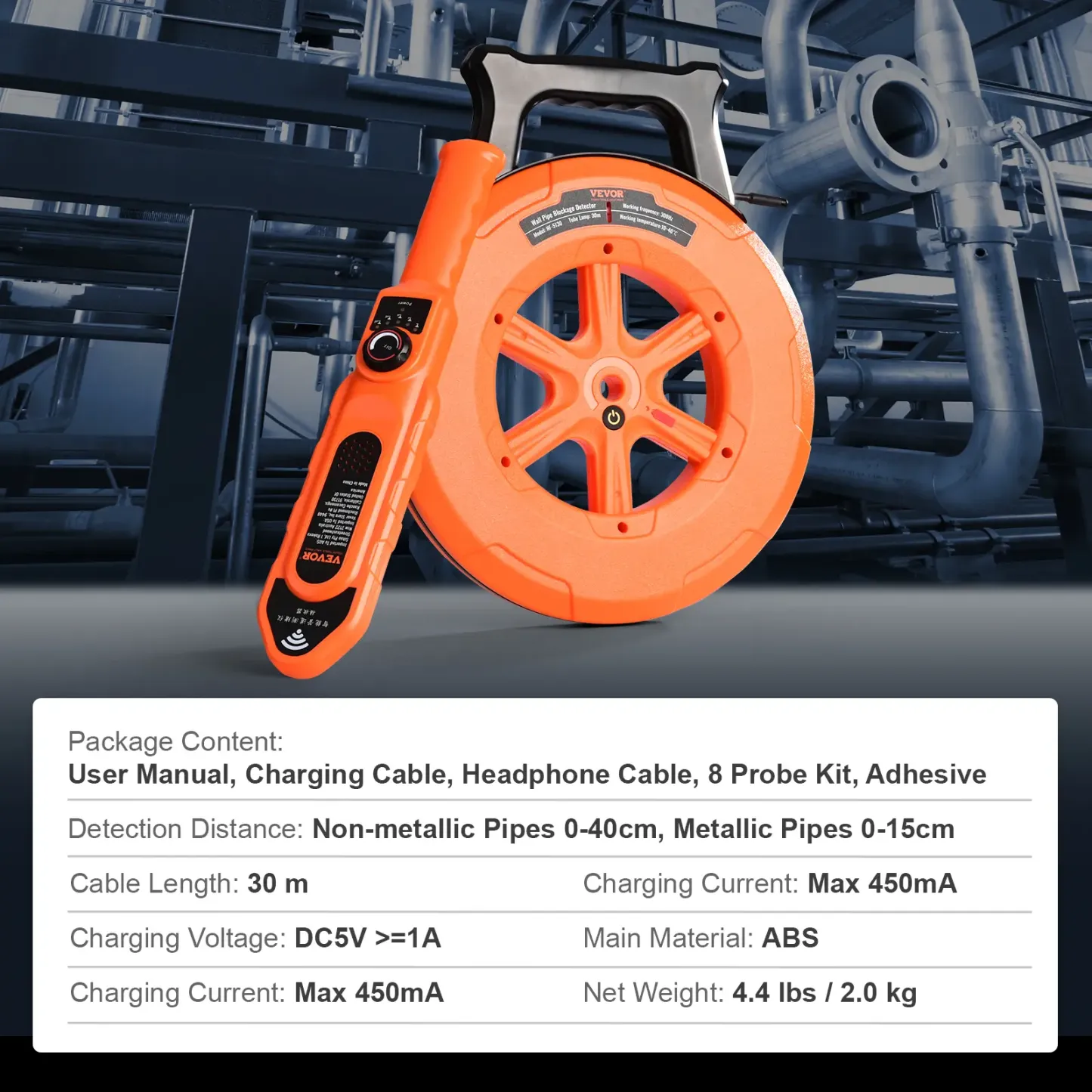 Localizador de tuberías de PVC de 30 m (100 pies) para tuberías subterráneas, detector de bloqueos de tuberías IP67 a prueba de agua con sensibilidad ajustable, escáner de pared de alcantarillado, herramienta de plomería para tuberías de agua de PVC, plás