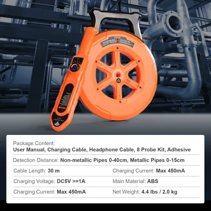 Localizador de tuberías de PVC de 30 m (100 pies) para tuberías subterráneas, detector de bloqueos de tuberías IP67 a prueba de agua con sensibilidad ajustable, escáner de pared de alcantarillado, herramienta de plomería para tuberías de agua de PVC, plás