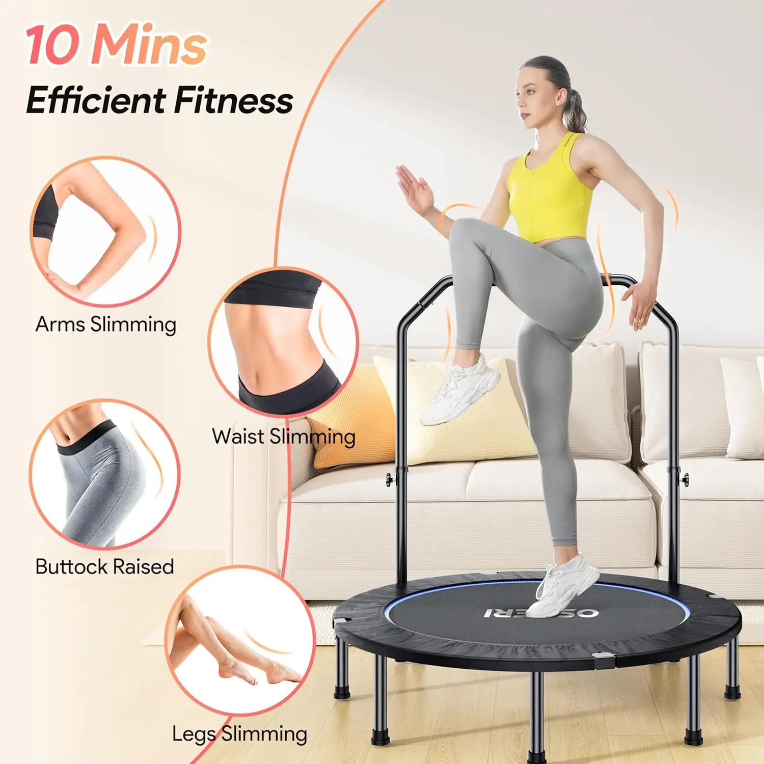 Trampolín plegable Osoeri de 122 cm para adultos, con capacidad máxima de 204 kg, minitrampolín con asa de espuma ajustable, ideal para entrenamiento en interiores y jardines.
