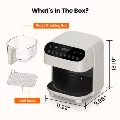 Freidora de aire de vidrio de 4.5 cuartos de galón (4.5 cuartos de galón), cesta libre de PFAS y apta para lavavajillas, pantalla táctil con 8 preajustes, vista de 360° para cocinar comidas saludables en minutos, color blanco