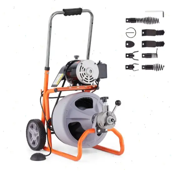 Desatascador de desagües de 22,8 m x 0,95 cm, con barrena de alimentación automática y ruedas, portátil, con 8 cortadores e interruptor de pedal neumático para tuberías de 5 a 10 cm.