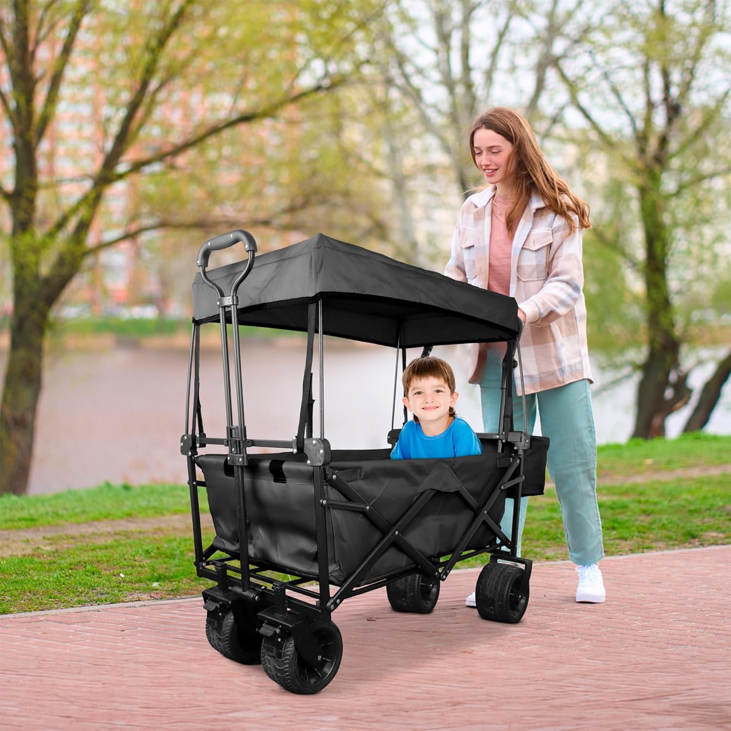 Hikeo Carrito Plegable Portátil y Carriola para Exteriores hasta 70 Kg, Ruedas 360° Todo Terreno con Freno, Incluye Toldo y Cesta de Tela, para Niños y Mascotas, Carretilla Wagon Vagón con Funda