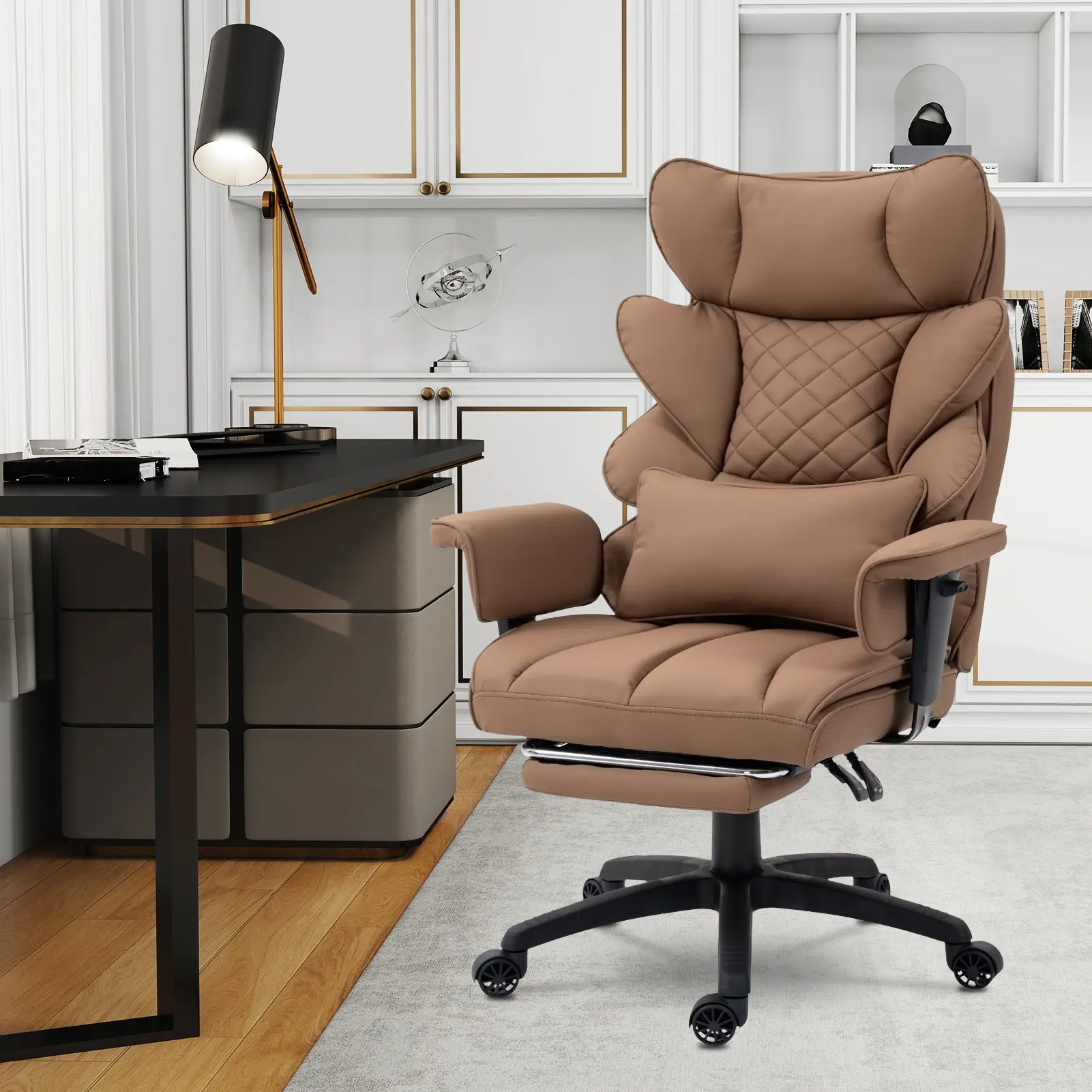 Silla de oficina grande y alta, silla ejecutiva para juegos con respaldo alto, cojín de resortes embolsados, soporte lumbar ajustable, reposabrazos y reposapiés.