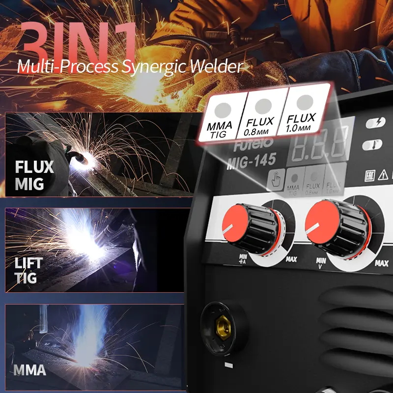 Soldadora MIG-145 de núcleo fundente, 145 A, 110 V, sin gas, MIG/Stick/Lift TIG, 3 en 1, portátil, con inversor IGBT y control sinérgico.