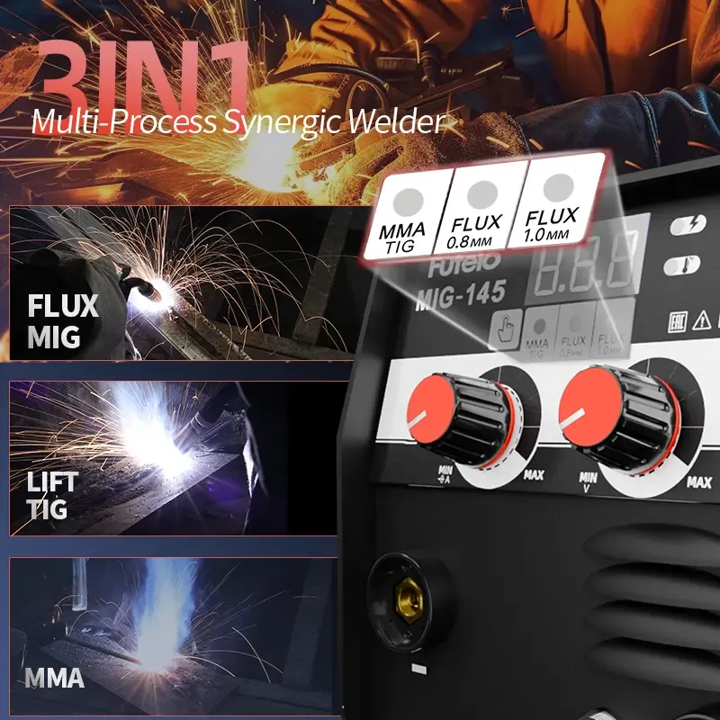 Soldadora MIG-145 de núcleo fundente, 145 A, 110 V, sin gas, MIG/Stick/Lift TIG, 3 en 1, portátil, con inversor IGBT y control sinérgico.
