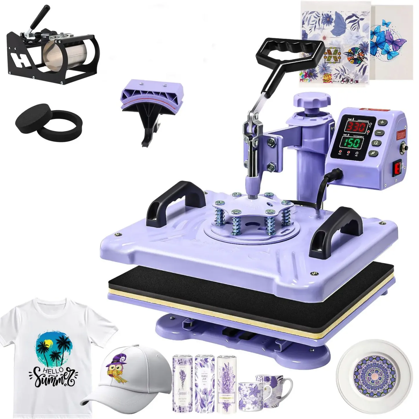Máquina de prensado térmico rosa de 15'' x 12'' para camisetas, máquina de transferencia térmica 5 en 1, prensa de impresión térmica para sublimación combinada con giro de 360° para gorras, tazas y platos, ideal para principiantes, diseño de regalos navid