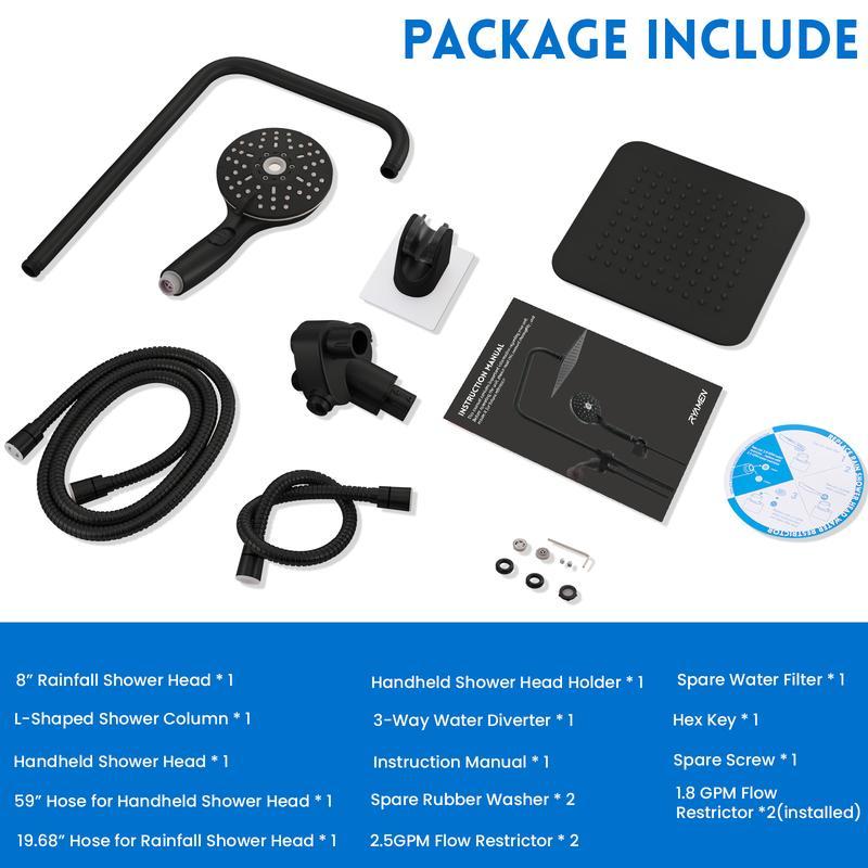 Cabezal de ducha doble combinado, cabezal de ducha de alta presión tipo lluvia de 8", duchas de mano ajustables con 5 configuraciones, barra deslizante de altura ajustable de 15", soporte/manguera, ángulo ajustable, cabezal de ducha de alta presión.