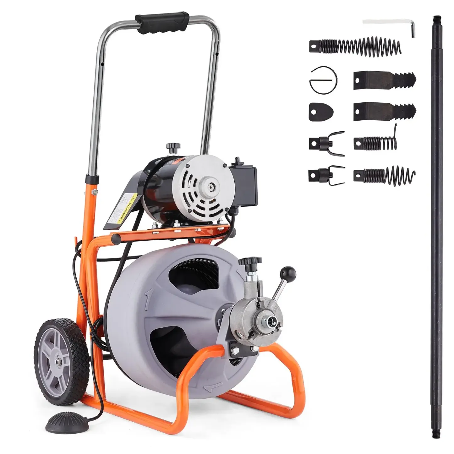 Desatascador de desagües de 22,8 m x 0,95 cm, con barrena de alimentación automática y ruedas, portátil, con 8 cortadores e interruptor de pedal neumático para tuberías de 5 a 10 cm.