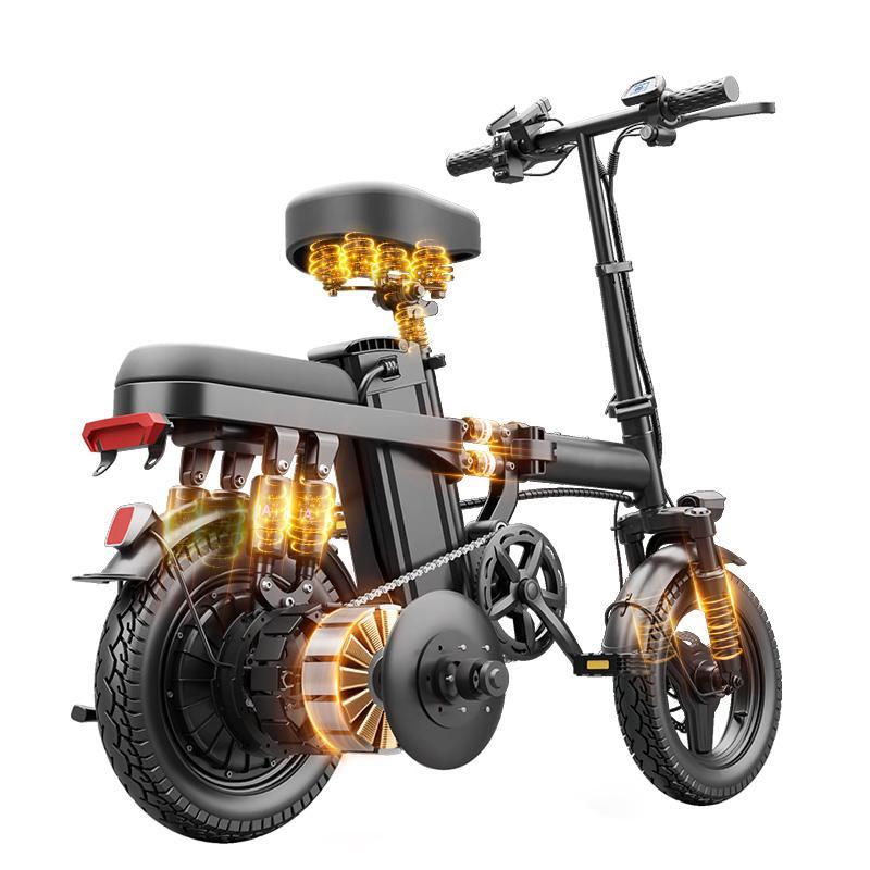 Bicicleta eléctrica plegable con motor de 500 W, neumáticos de 14 pulgadas y batería de 48 V y 15 Ah. Autonomía de 30 millas. Bicicleta urbana inteligente con absorción de impactos certificada. Potencia máxima de 1000 W y autonomía de 100 km. Diseño plega