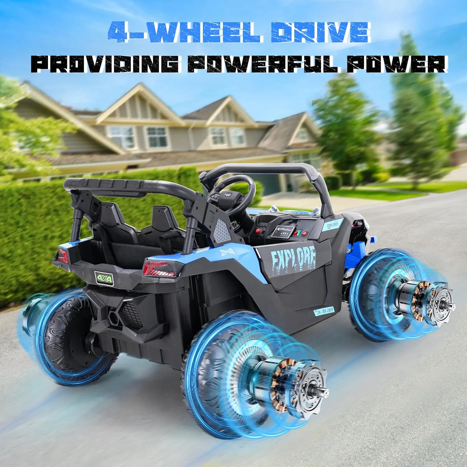 (EM-KC03) Coche eléctrico para niños de 2 plazas, UTV todoterreno 4WD, con batería de gran capacidad de 7 Ah, control remoto, cinturón de seguridad, bocina, música y luces — Para niños de 3 a 8 años (Azul)