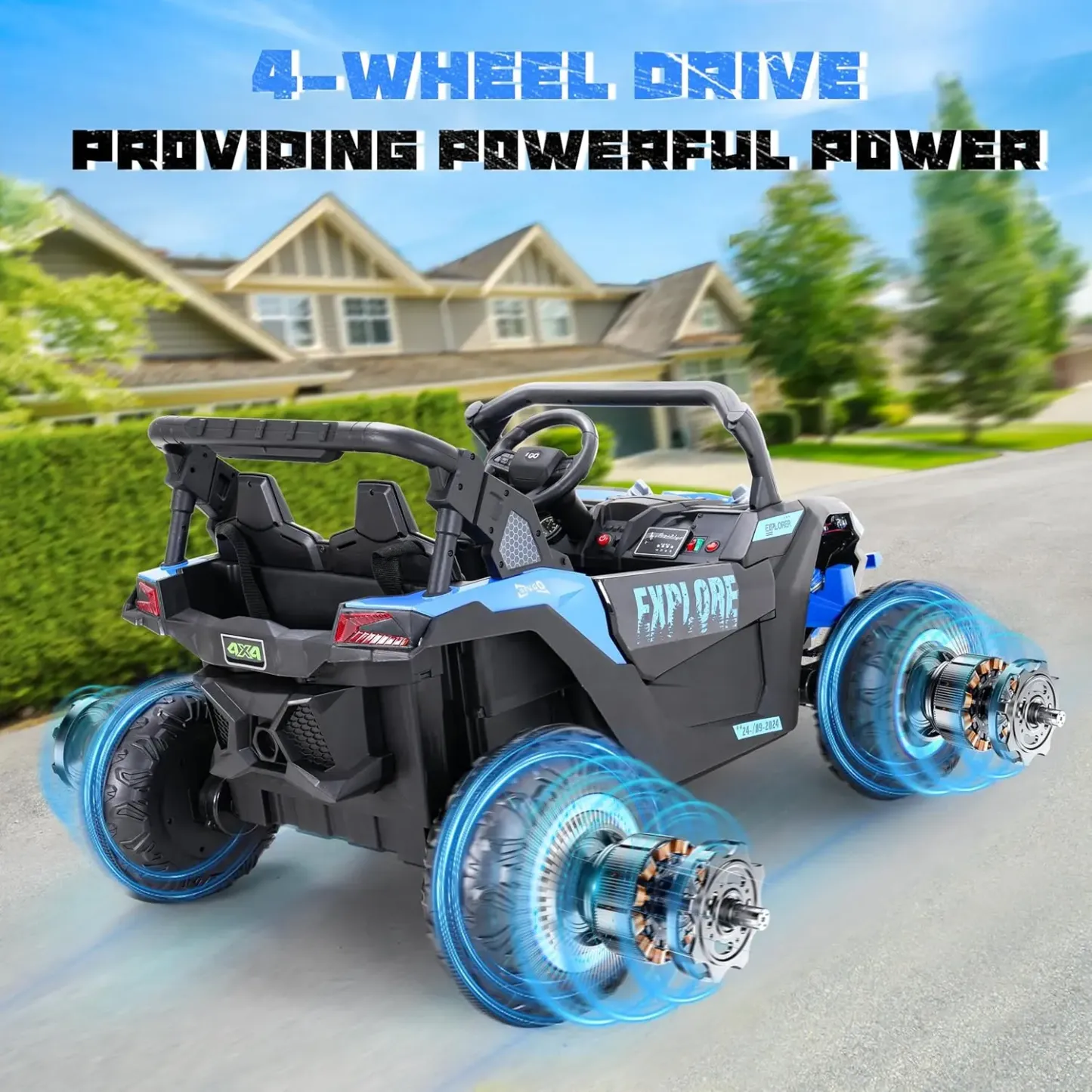 (EM-KC03) Coche eléctrico para niños de 2 plazas, UTV todoterreno 4WD, con batería de gran capacidad de 7 Ah, control remoto, cinturón de seguridad, bocina, música y luces — Para niños de 3 a 8 años (Azul)