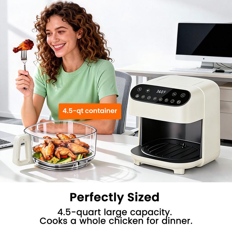 Freidora de aire de vidrio de 4.5 cuartos de galón (4.5 cuartos de galón), cesta libre de PFAS y apta para lavavajillas, pantalla táctil con 8 preajustes, vista de 360° para cocinar comidas saludables en minutos, color blanco
