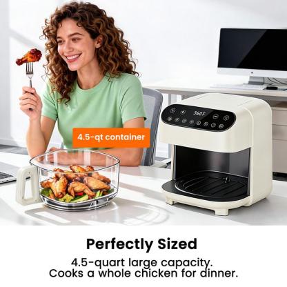 Freidora de aire de vidrio de 4.5 cuartos de galón (4.5 cuartos de galón), cesta libre de PFAS y apta para lavavajillas, pantalla táctil con 8 preajustes, vista de 360° para cocinar comidas saludables en minutos, color blanco