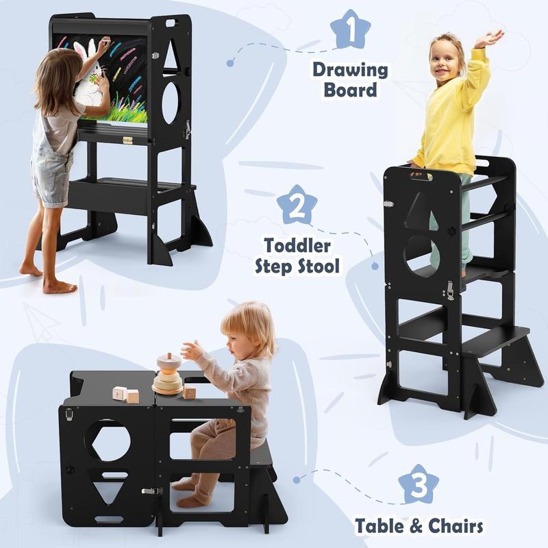 Taburete de cocina 4 en 1 para niños pequeños: Torre de aprendizaje plegable con pizarra para niños de 1 a 3 años